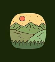 vistas de las montañas y el bosque en el día nublado para el diseño de camisetas, el diseño de la insignia del emblema del parche, la caja de los teléfonos inteligentes, la forma irregular vector