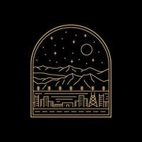 City under hill mountains nature star sky in mono line art, for t-shirt, sticker, badge, etc vector