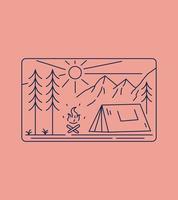 landscape design of mountains and camp in mono line art, patch badge design, emblem design, T-Shirt Design vector