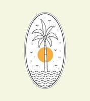 árboles de playa y cocoteros en arte de línea mono, diseño de placa de parche, diseño de emblema, diseño de camiseta vector