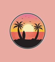 vista de la puesta de sol de una playa, surf y cocoteros gemelos en estilo silueta vector