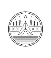 camping tent in mono line art, badge, emblem, T-shirt vector, Tee Design vector