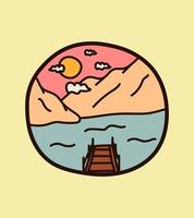 view of a wooden dock on the beach with a hill behind it on the cloudy day for T-shirt Design, Patch emblem badge design vector