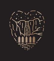 Design for Yosemite Falls National Park in line art style, in love shape, badge design, T-shirt Art, Tee Design vector