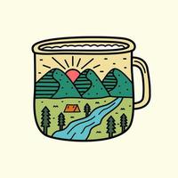 design of nature mountain camping and side up sun in cup frame for badge, sticker, patch, t shirt design, etc vector