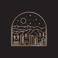 una vista de una ciudad de colorado bajo una montaña en arte de línea mono, ilustración gráfica de pin de parche de insignia, diseño de camisetas de arte vectorial vector