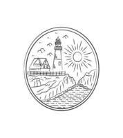 England lighthouse vector design on sea cliff  mono line art ,badge patch pin graphic illustration, vector art t-shirt design