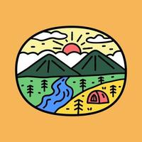 camping and mountains on sunrise sky nature wildlife flat design for badge, sticker, patch, t shirt design, etc vector