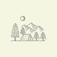simple design camp, mountain, hike and pines trees in mono line art