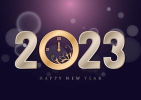 Fondo de feliz año nuevo 2023. luces de bokeh antiguas que brillan en el reloj a medianoche. bengala ardiente brillante realista. reloj dorado con luces bokeh. ilustración vectorial de vacaciones