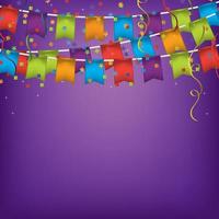 Birthday greeting card. Happy birthday banner. Colorful confetti and purple background. vector