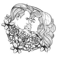 vector kissing couple in doodle style on doodle background. Can be used as card, invitation, background, adult coloring book. Hand drawn style. Wedding invitation. Zentagle. St. Valentine's day card.