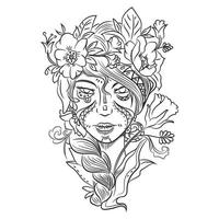 fairy girl with blossom hairstyle in fancy flower dress for your coloring book vector