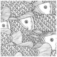 Hand-drawn ink background with many fishes in the water. Sealife is designed for relaxation and meditation. Vector pattern black and white illustration can be used for coloring book pages for kids