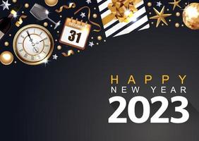 nuevo-feliz año nuevo 2023. metal dorado de lujo. objetos 3d realistas. decoración realista festiva. celebrar la fiesta 2023, afiche web, pancarta, tarjeta de portada, folleto, volante. fondo negro vector