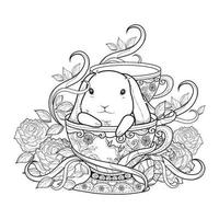 Happy Easter. Cute bunny sitting in basket with eggs. Black and white vector illustration for coloring book