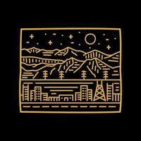 ciudad bajo colina montañas naturaleza estrella cielo en arte de línea mono, para camiseta, pegatina, insignia, etc. vector