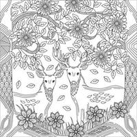 Coloring page with deer in forest. Coloring book for adult and older children. Vector illustration. Outline drawing.