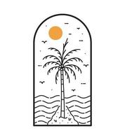 palmera en la playa en arte de línea mono, diseño de placa de parche, diseño de emblema, diseño de camiseta vector