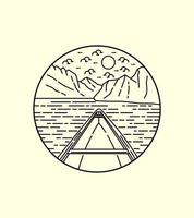 Canoe and some island on the day in line badge patch pin graphic illustration vector art t-shirt design