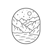 diseño vectorial del paisaje del lago komani albanés en arte de línea mono, ilustración gráfica de pin de parche de insignia, diseño de camisetas de arte vectorial vector