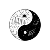 el campamento y el mundo espacial en el concepto yin yang, diseño vectorial, diseño de camisetas, diseño de camisetas vector