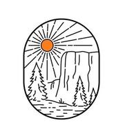 paisaje del parque nacional el capitan yosemite en arte de línea mono, diseño de placa de parche, diseño de emblema, diseño de camiseta vector