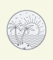 hermosa puesta de sol en la playa en arte de línea mono, diseño de placa de parche, diseño de emblema, diseño de camiseta vector