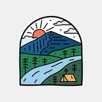 montaña y río camping naturaleza aventura en el día línea salvaje insignia parche pin ilustración gráfica arte vectorial diseño de camiseta vector