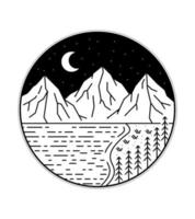 ilustración de tres montañas y lago con muchas estrellas en arte de línea mono, ilustración vectorial abstracta, arte de camisetas, vector de diseño