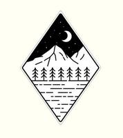 montaña, árboles y lago con hermosa línea salvaje de media luna insignia parche pin ilustración gráfica arte vectorial diseño de camiseta vector