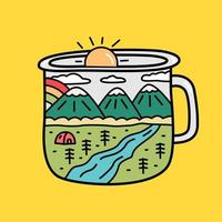 flat design of nature mountain camping and side up sun in cup frame vector