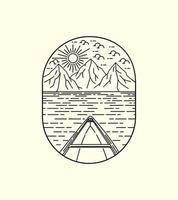 Canoe and three mountain in line badge patch pin graphic illustration vector art t-shirt design