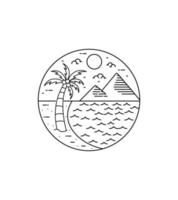 vista a la playa con fondo de montaña arte de línea mono, ilustración gráfica de pin de parche de insignia, diseño de camiseta de arte vectorial vector