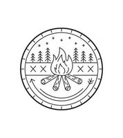 bonfire and campfire  wilderness in mono line art, badge, emblem, T-shirt vector, Tee Design vector