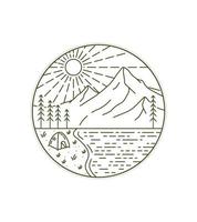 camping by the lake against the backdrop of the mountains in mono line art ,badge patch pin graphic illustration, vector art t-shirt design
