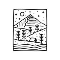 diseño de arte de línea mono de camping naturaleza aventura en el día línea salvaje insignia parche pin ilustración gráfica arte vectorial diseño de camiseta vector