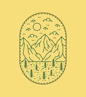 illustration of three mountains and savanna on the day in mono line art ,badge patch pin graphic illustration, vector art t-shirt design