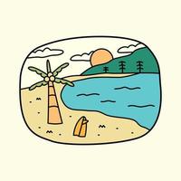 beach and surfboard on the beach for badge, sticker, patch, t shirt design, etc vector