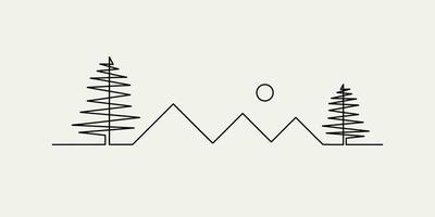 simple illustration of mountains and trees in one continuous line vector