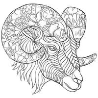 Hand-drawn goat with ethnic floral doodle pattern. Coloring page - zendala, design for spiritual relaxation for adults, vector illustration, isolated on a white background. Zen doodles.