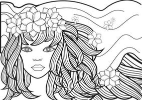 Vector girl decorative hairstyle with flowers, leaves in hair in doodle style. Nature, ornate, floral illustration. Black and white monochrome background. Zentangle hand drawn coloring book page