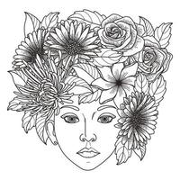 Vector girl decorative hairstyle with flowers, leaves in hair in doodle style. Nature, ornate, floral illustration. Black and white monochrome background. Zentangle hand drawn coloring book page