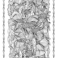 Hand-drawn ink background with many fishes in the water. Sealife is designed for relaxation and meditation. Vector pattern black and white illustration can be used for coloring book pages for kids