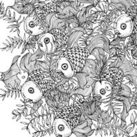 Hand-drawn ink background with many fishes in the water. Sealife is designed for relaxation and meditation. Vector pattern black and white illustration can be used for coloring book pages for kids