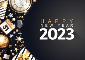 2023 feliz año nuevo. banner de feliz año nuevo con objetos metálicos dorados 2023. fondo de lujo oscuro. vector