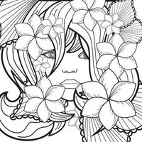 peinado decorativo de chica vectora con flores, hojas en el pelo al estilo garabato. naturaleza, ornamentada, ilustración floral. fondo monocromático en blanco y negro. Página de libro para colorear dibujada a mano zentangle vector