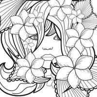 Vector girl decorative hairstyle with flowers, leaves in hair in doodle style. Nature, ornate, floral illustration. Black and white monochrome background. Zentangle hand drawn coloring book page