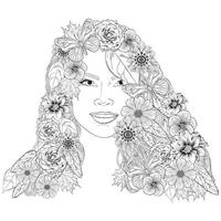 ilustración. retrato de una joven con una corona de flores en la cabeza. libro de colorear. antiestrés para adultos y niños. el trabajo se hizo en modo manual. tatuaje. en blanco y negro. vector