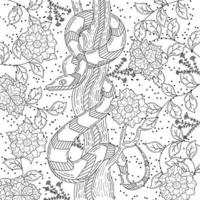 Hand drawn twisted Snake and peonies isolated on white. Vector monochrome serpent with flowers and leaves. Floral vertical illustration in vintage style, t-shirt design, tattoo art, coloring page.